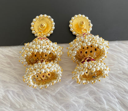 Gold tone precious kemp-green stone pearl big step jhumkka dj-53214