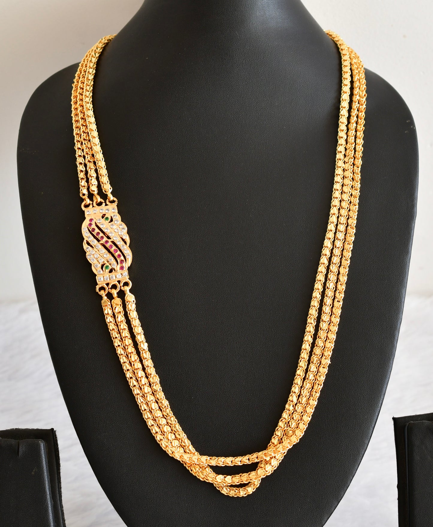 Gold tone 24 inches ruby-green-white triple layer mugappu chain Dj-53308
