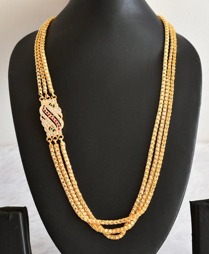 Gold tone 24 inches ruby-green-white triple layer mugappu chain Dj-53308