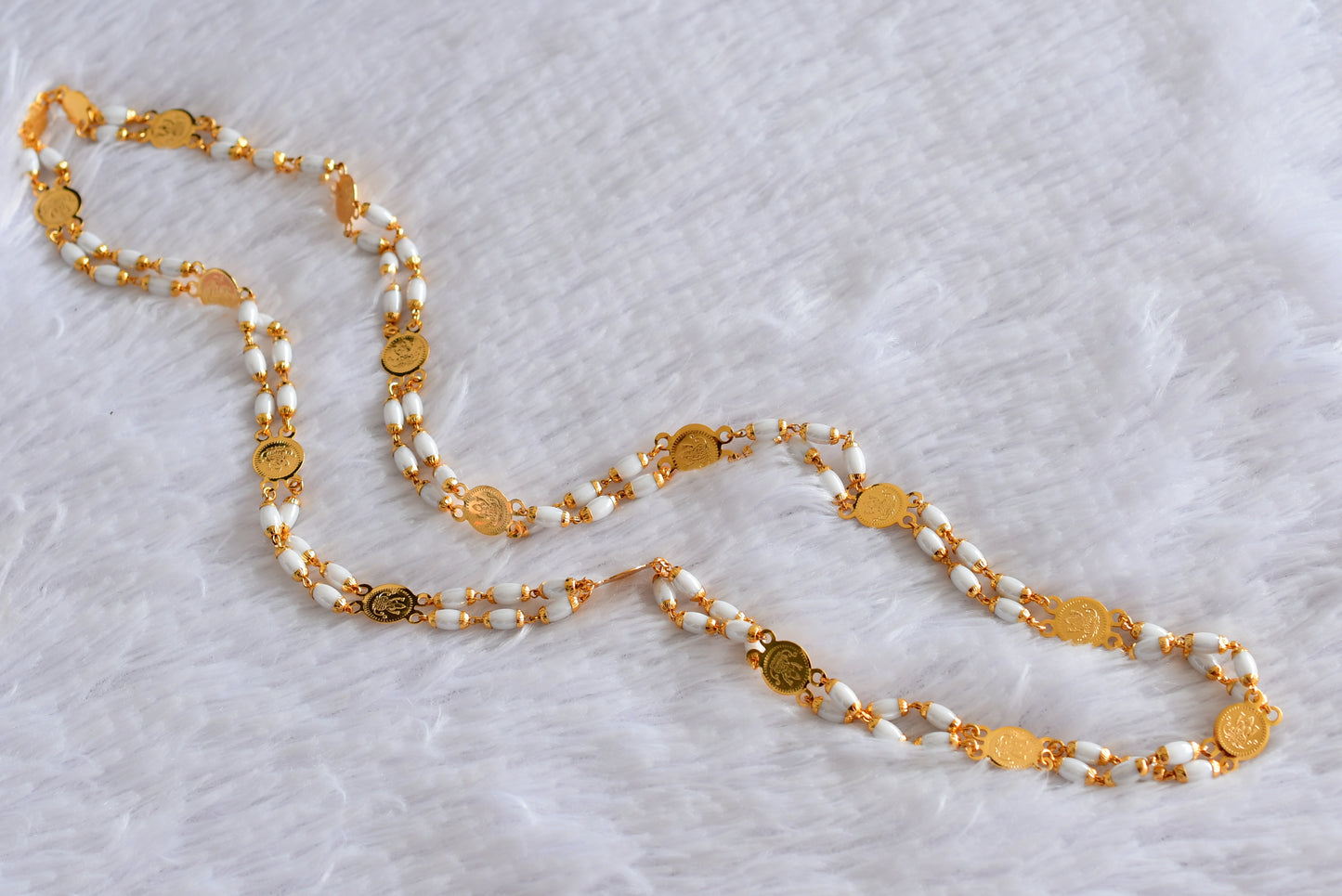 Gold tone 30 inches white beaded Lakshmi coin chain dj-51841