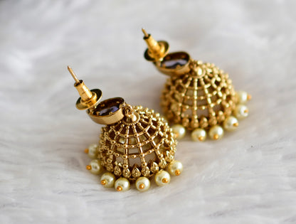 Antique gold tone purple thilak stone pearl jhumkka dj-51854