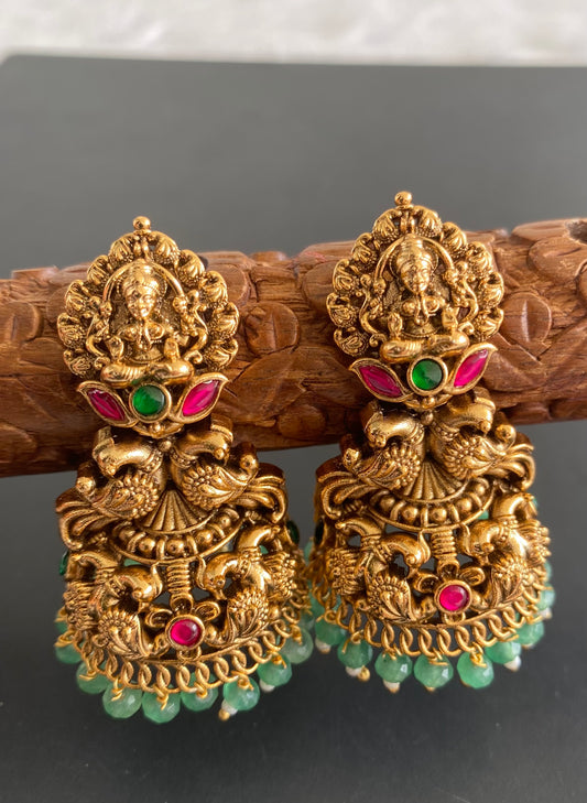Antique gold tone pink-green beaded Lakshmi jhumkka dj-51047