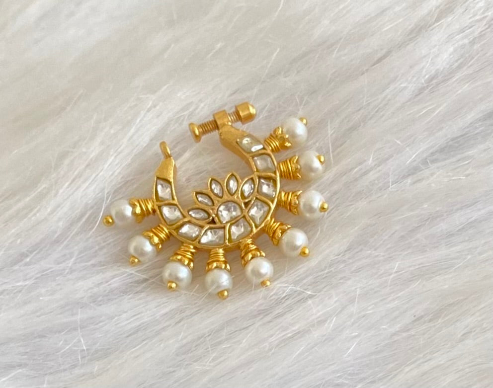 Gold tone kundan jadau white stone pearl nose pin dj-53719