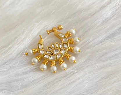 Gold tone kundan jadau white stone pearl nose pin dj-53719