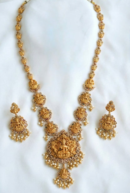 Matte finish cz ruby-green peacock lakshmi haar set dj-42768