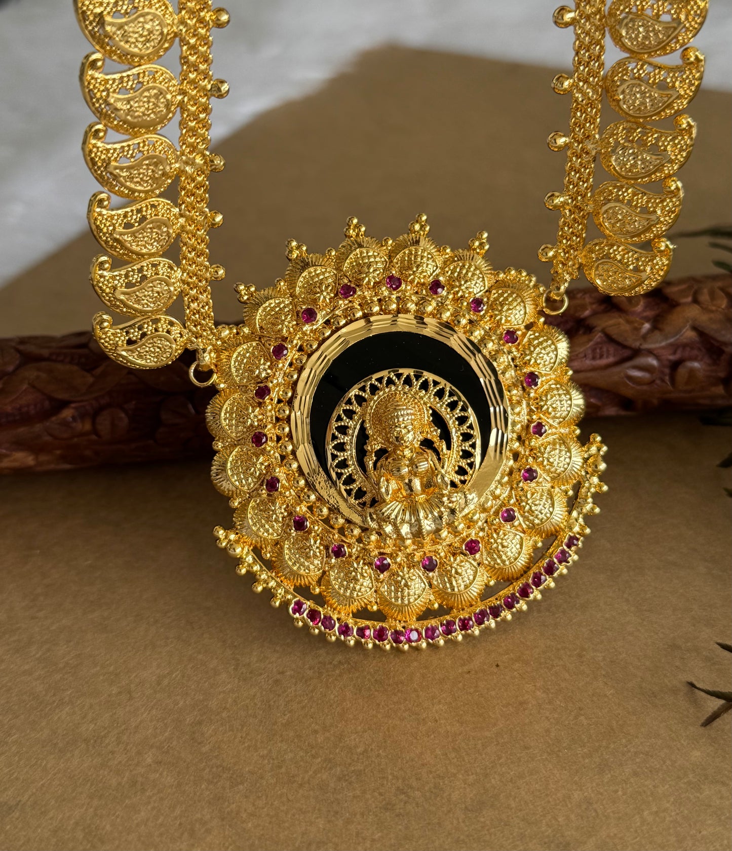 Gold tone pink-green mango-Lakshmi Kerala style haar dj-51732