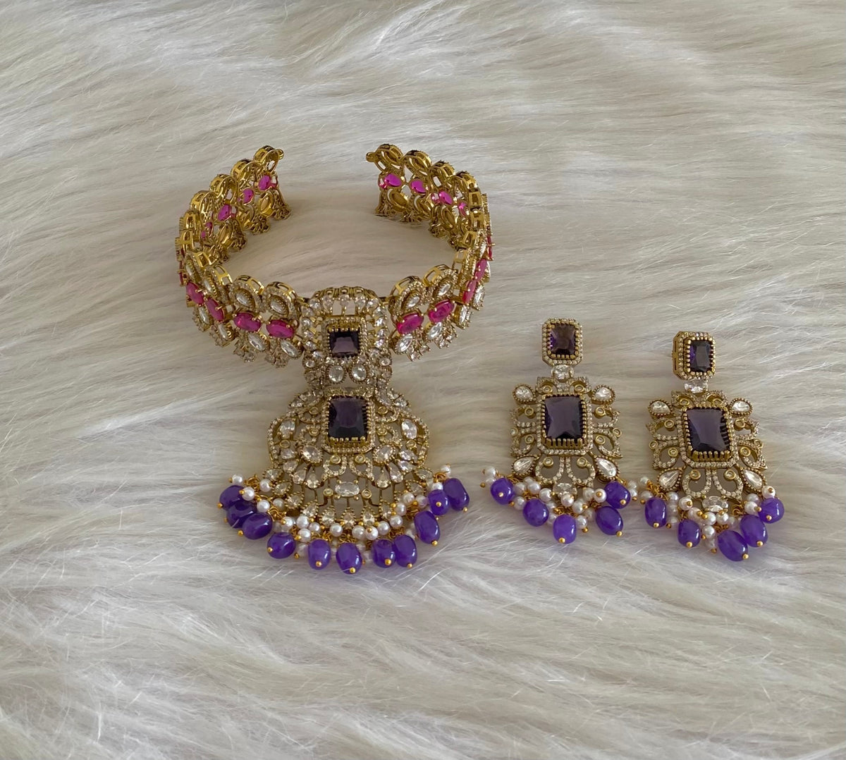 Antique gold tone ruby-white kundan purple beaded choker necklace set dj-54801