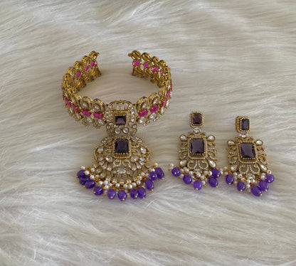 Antique gold tone ruby-white kundan purple beaded choker necklace set dj-54801