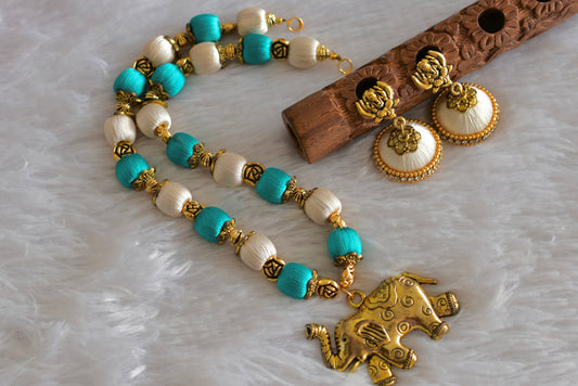 Antique gold tone green-white silk thread Elephant pendant necklace set dj-51946