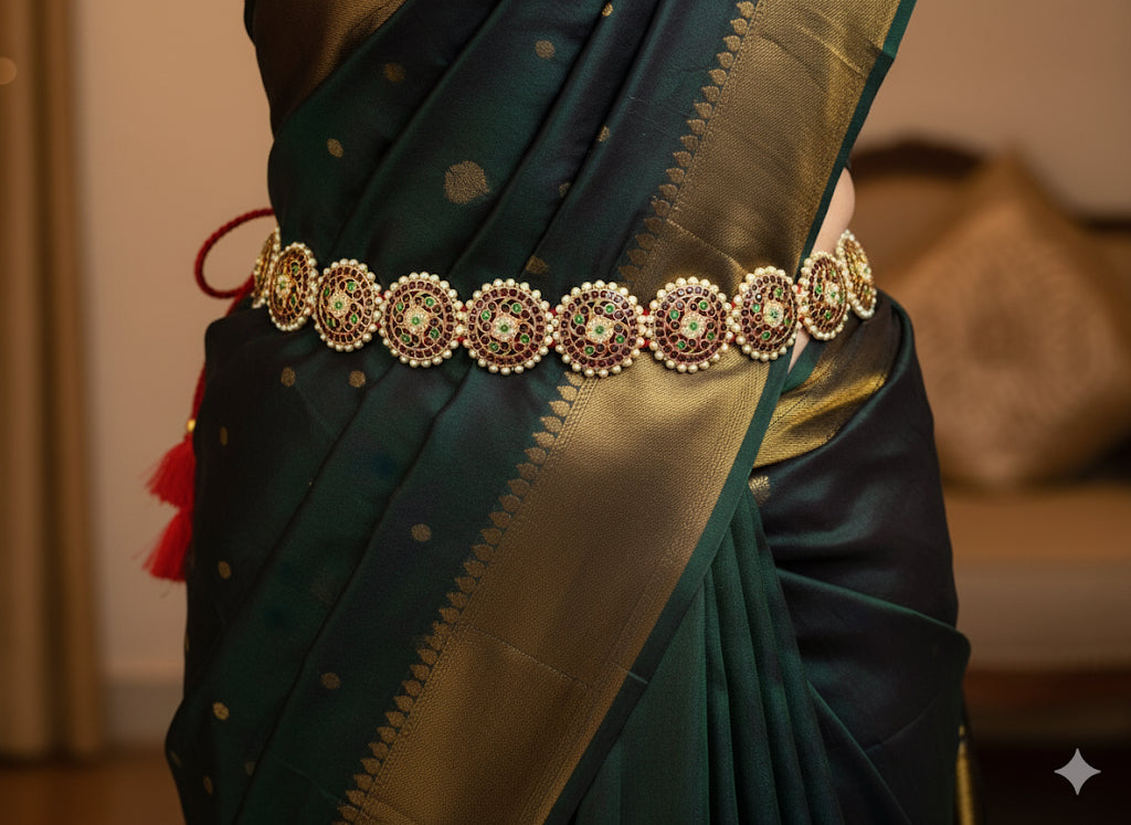 Gold tone precious kemp-green-white pearl round waist band dj-52271