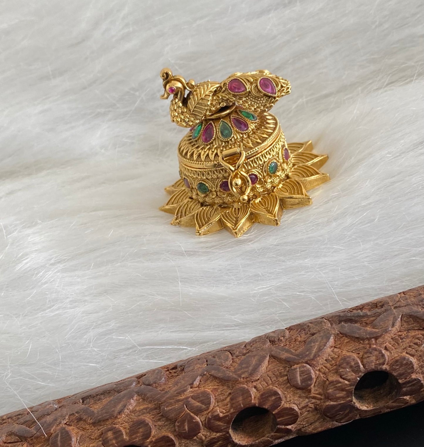 Antique gold tone kemp-green peacock kumkum box dj-54453