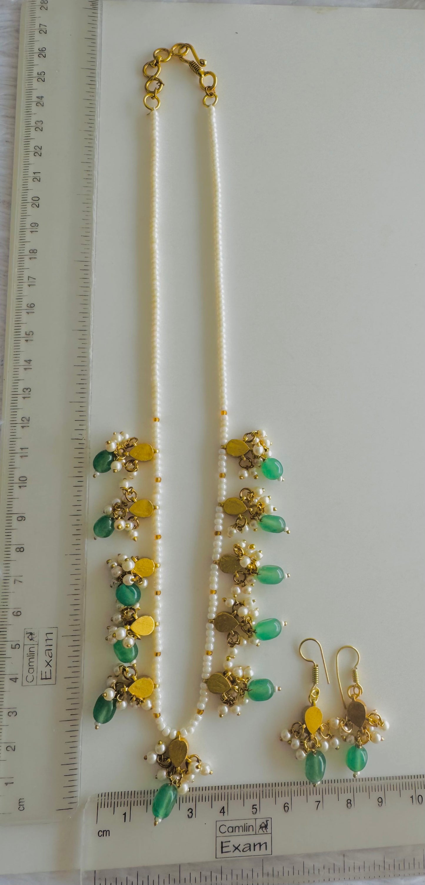 Gold tone pink-green-pearl beaded kundan jadau necklace set dj-51461