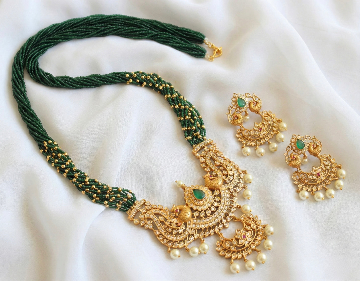Matte finish cz Green beaded peacock haar set DJ29132