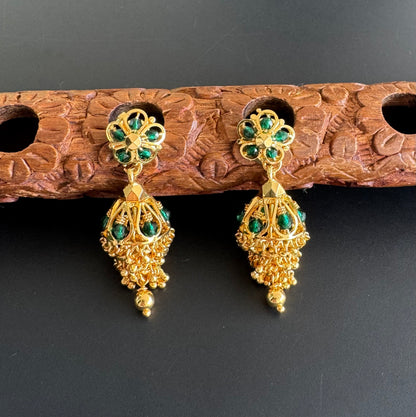 Gold tone green beaded step jhumkka dj-51281