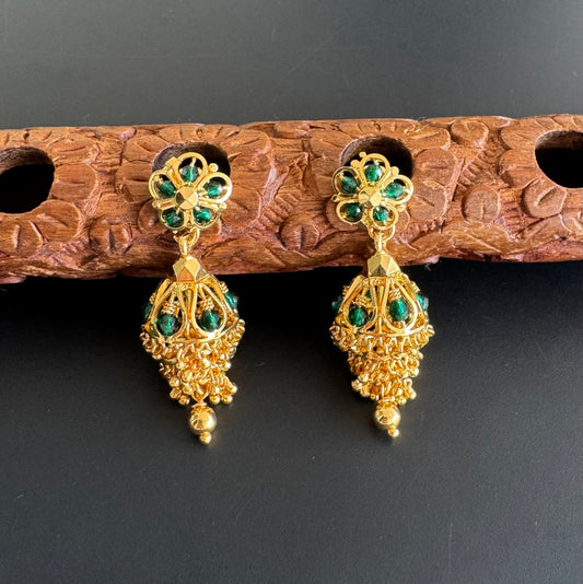 Gold tone green beaded step jhumkka dj-51281