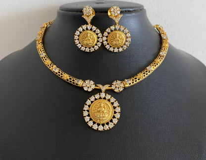 Gold tone white stone lakshmi necklace set dj-54353