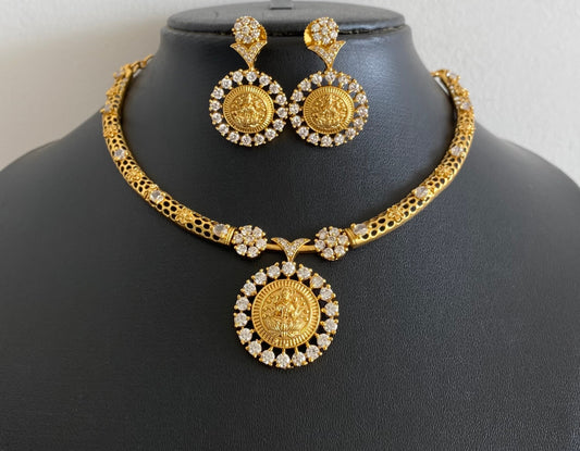 Gold tone white stone lakshmi necklace set dj-54353