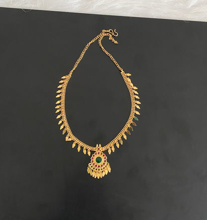 Gold tone pink-green stone elakka thali necklace  dj-54486