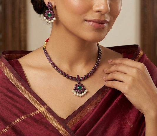 Black finish precious kemp-green pearl attigai necklace set dj-53958