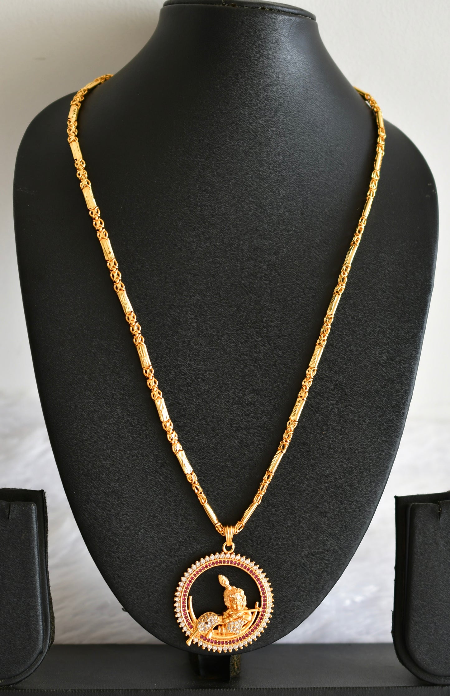 Gold tone 24 inches chain with ruby-white krishna round pendant dj-51918