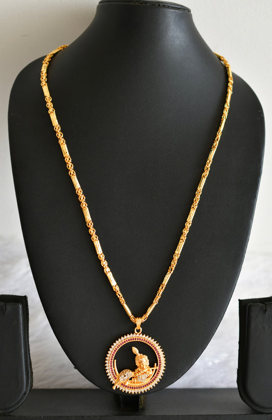 Gold tone 24 inches chain with ruby-white krishna round pendant dj-51918