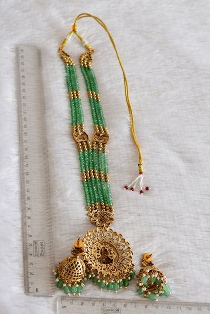 Antique gold tone pink-green beaded Lakshmi haar set dj-52439