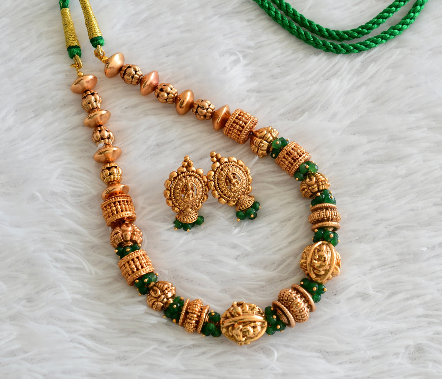 Antique gold tone lakshmi green nakshi beaded necklace set dj-54008