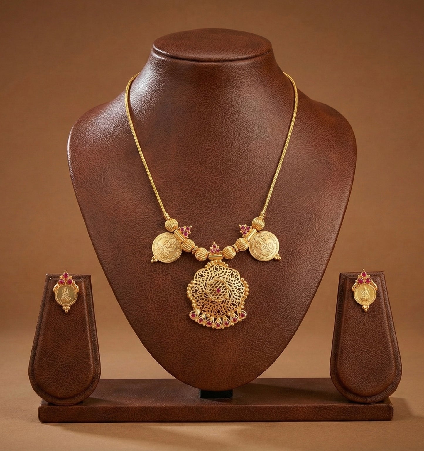 Gold tone kerala style ruby lakshmi coin necklace set dj-52685