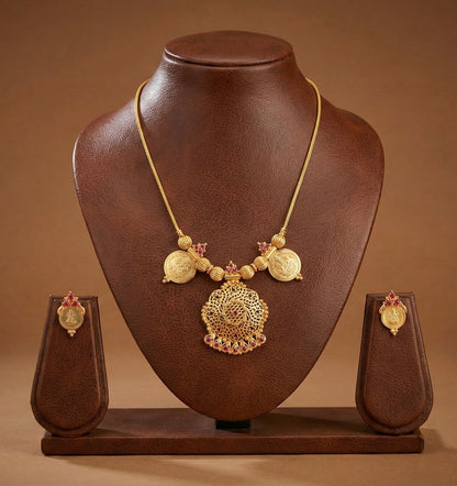 Gold tone kerala style ruby lakshmi coin necklace set dj-52685