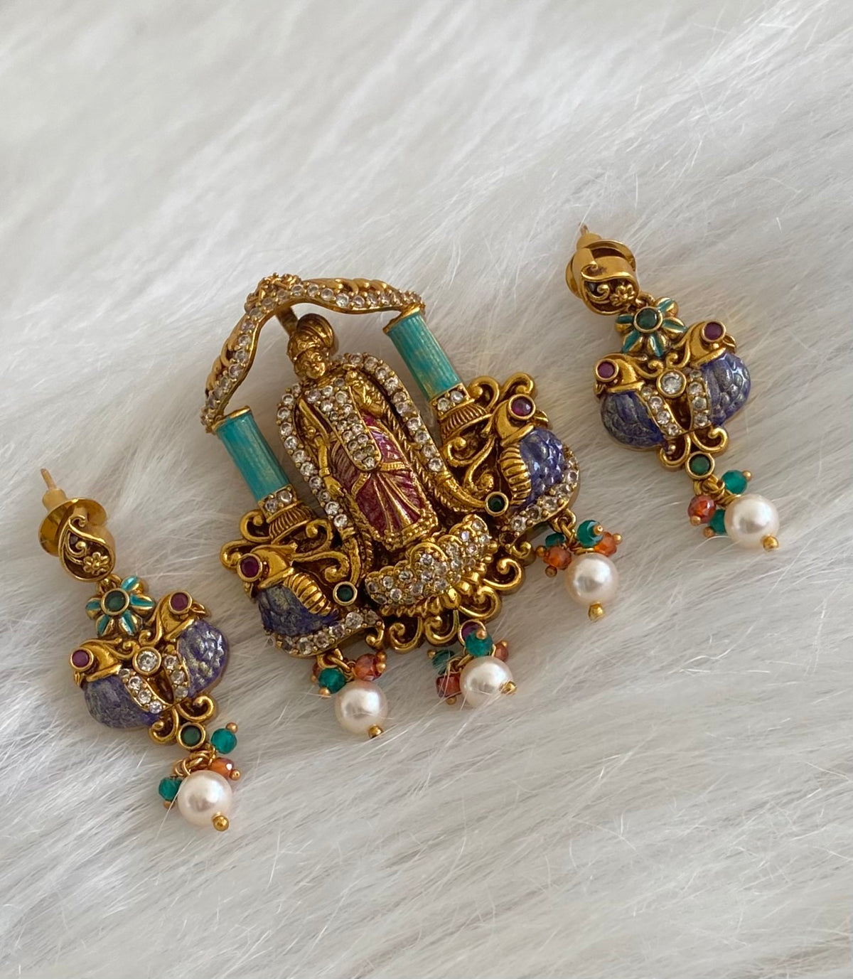 Antique gold tone Ma Meenakshi meenakari pendant set dj-54993