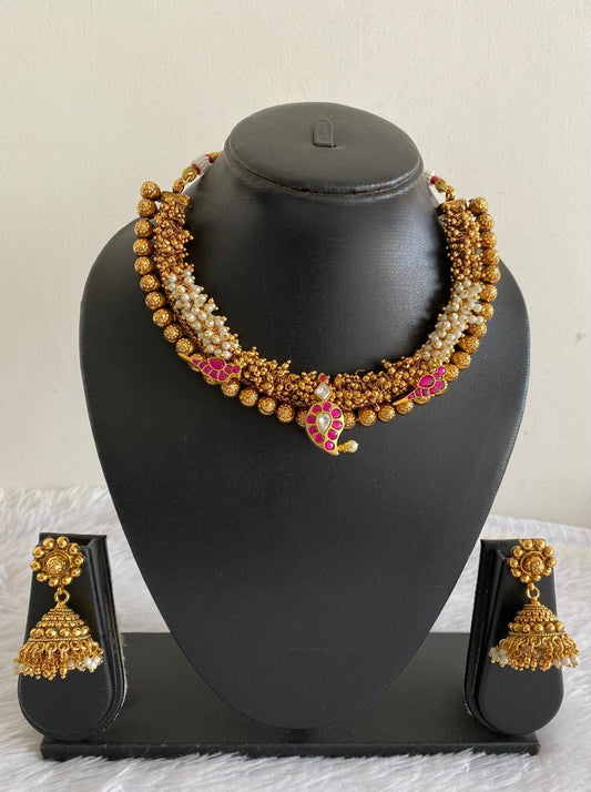 Antique gold tone pink-white kundan jadau mango bird cluster necklace set dj-52623