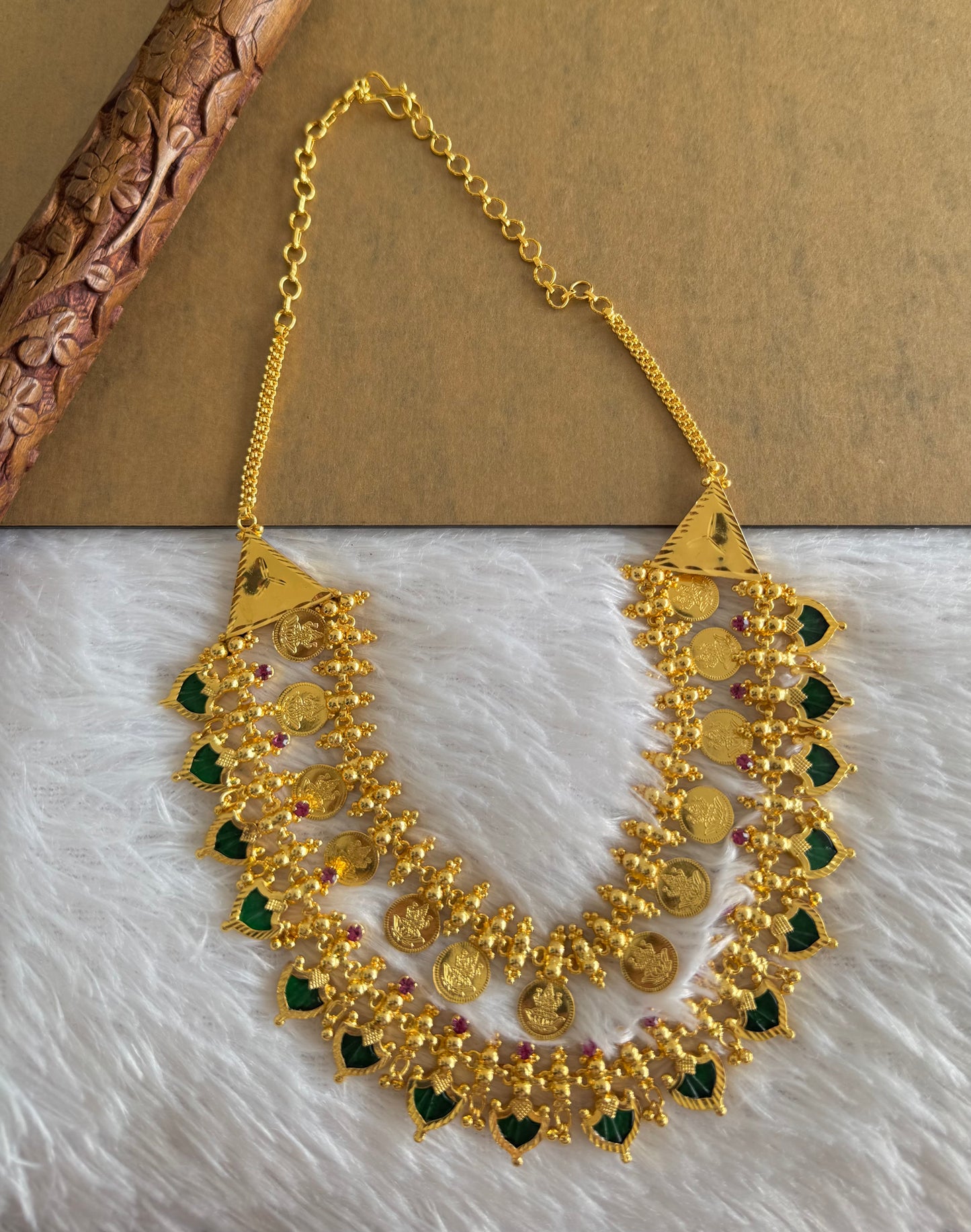 Gold tone kerala style pink-green palakka lakshmi coin double layer necklace dj-51733