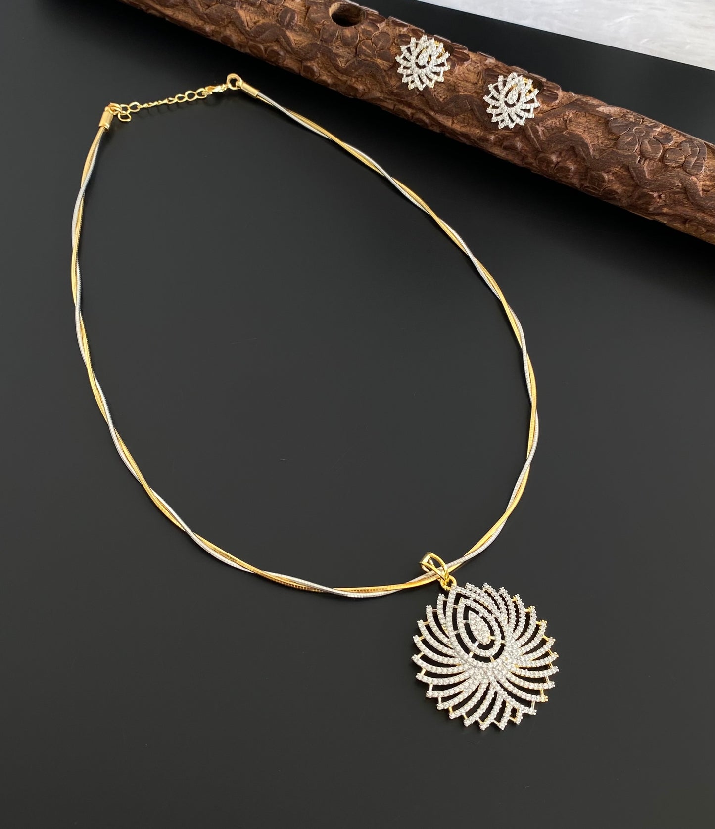 Two tone cz flower pendant set with kanti necklace dj-54033