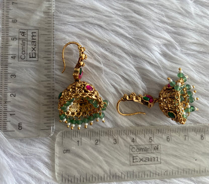 Antique gold tone pink-green beaded hook jhumkka dj-51052