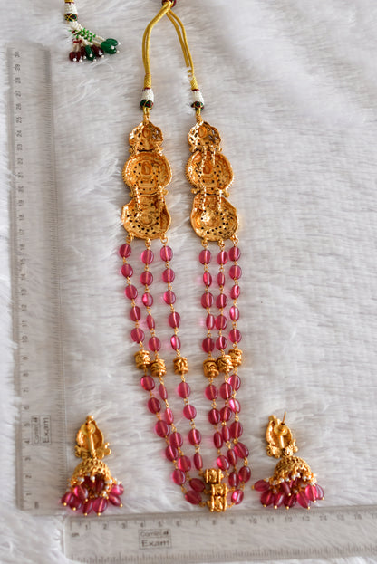 Antique gold tone magenta pink beaded lakshmi peacock multi layer haar set dj-52427