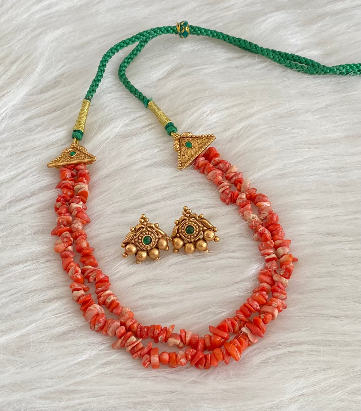 Antique gold tone coral beaded double layer necklace set dj-54967