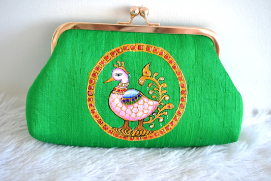Tanjore painted green silk clutch dj-52654