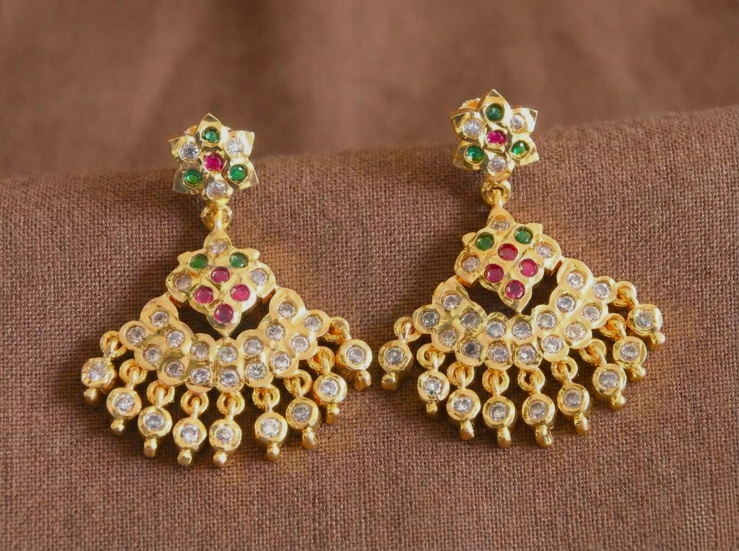 Gold Tone AD Green-pink Earrings DJ29893