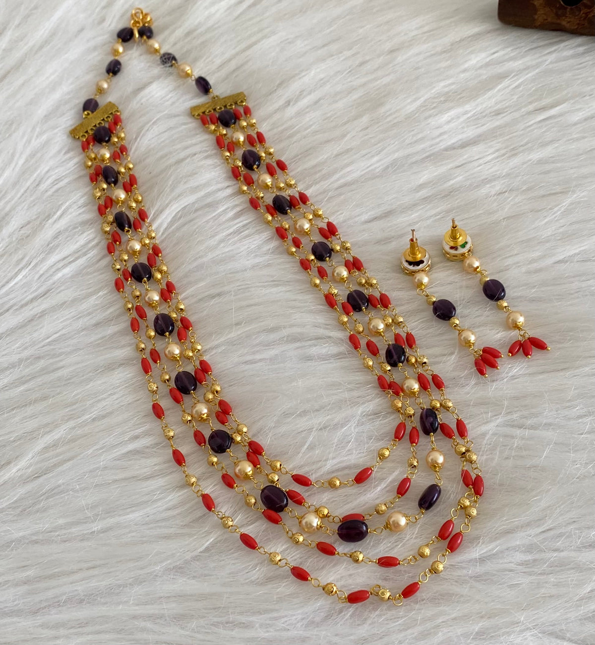 Antique gold tone multilayer coral-purple beaded necklace set dj-54984