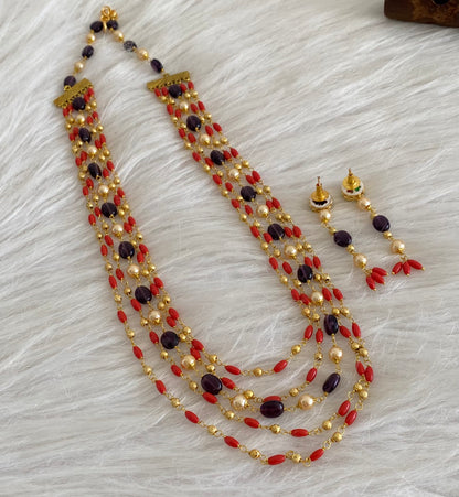 Antique gold tone multilayer coral-purple beaded necklace set dj-54984