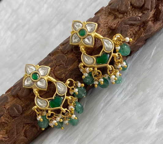 Gold tone white-green stone green beaded kundan jadau bali earrings dj-53558