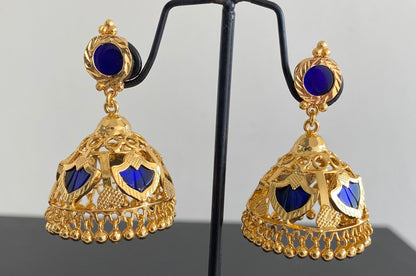 Gold tone kerala style blue 5 petals of palakka jhumkka dj-53133