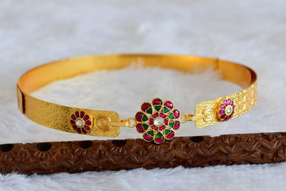 Gold tone pink-green-white kundan jadau flower mango waist band dj-52178