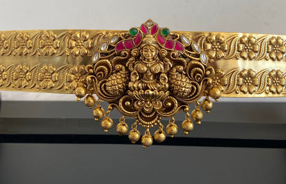 Antique gold tone pink-green kundan jadau lakshmi waist band dj-50402