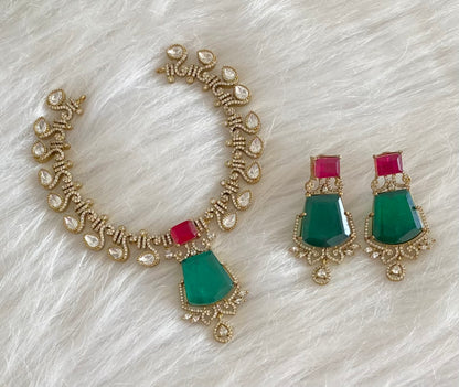 Antique gold tone cz white-pink-green stone swan victorian necklace set dj-54439