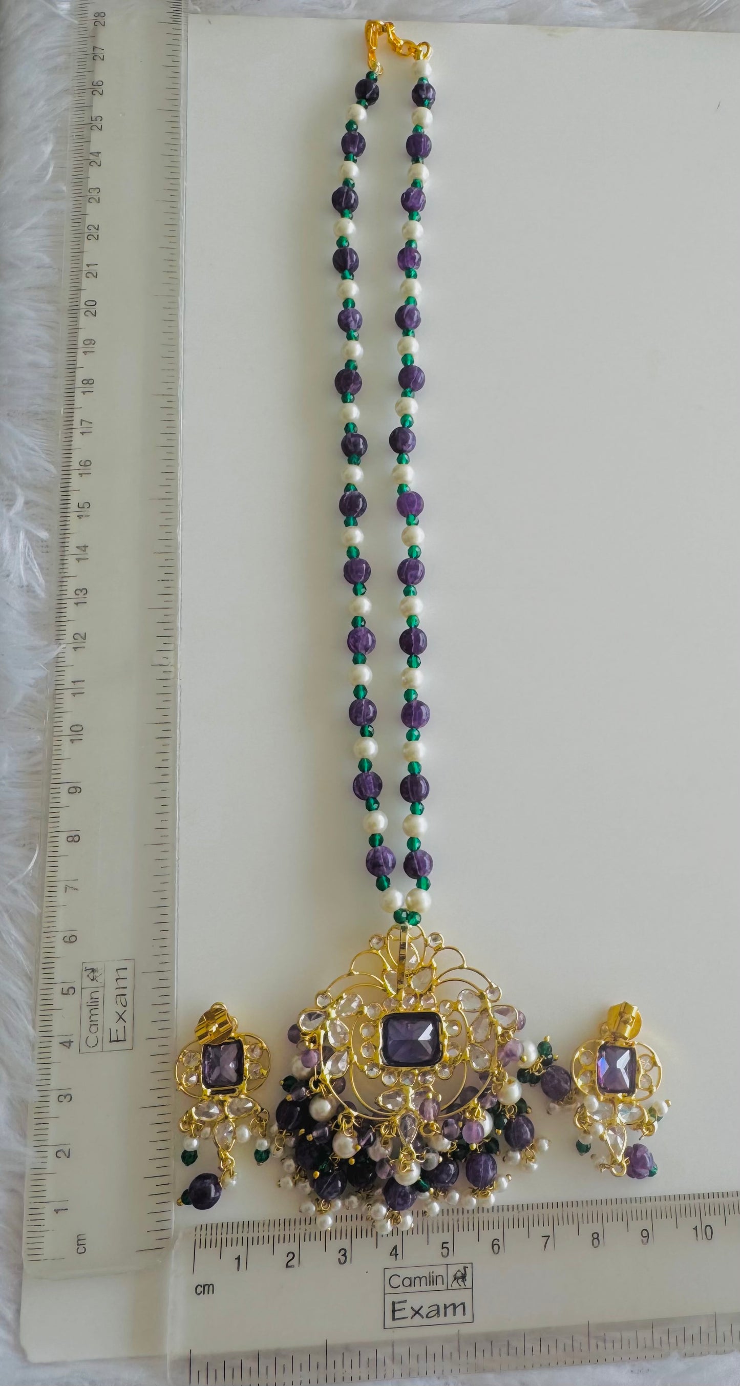 Gold tone purple-green beaded block stone pendant necklace Set Dj-51463