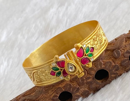 Matte finish pink-green-white Kundan jadau flower screw type kada(2.6) dj-53509