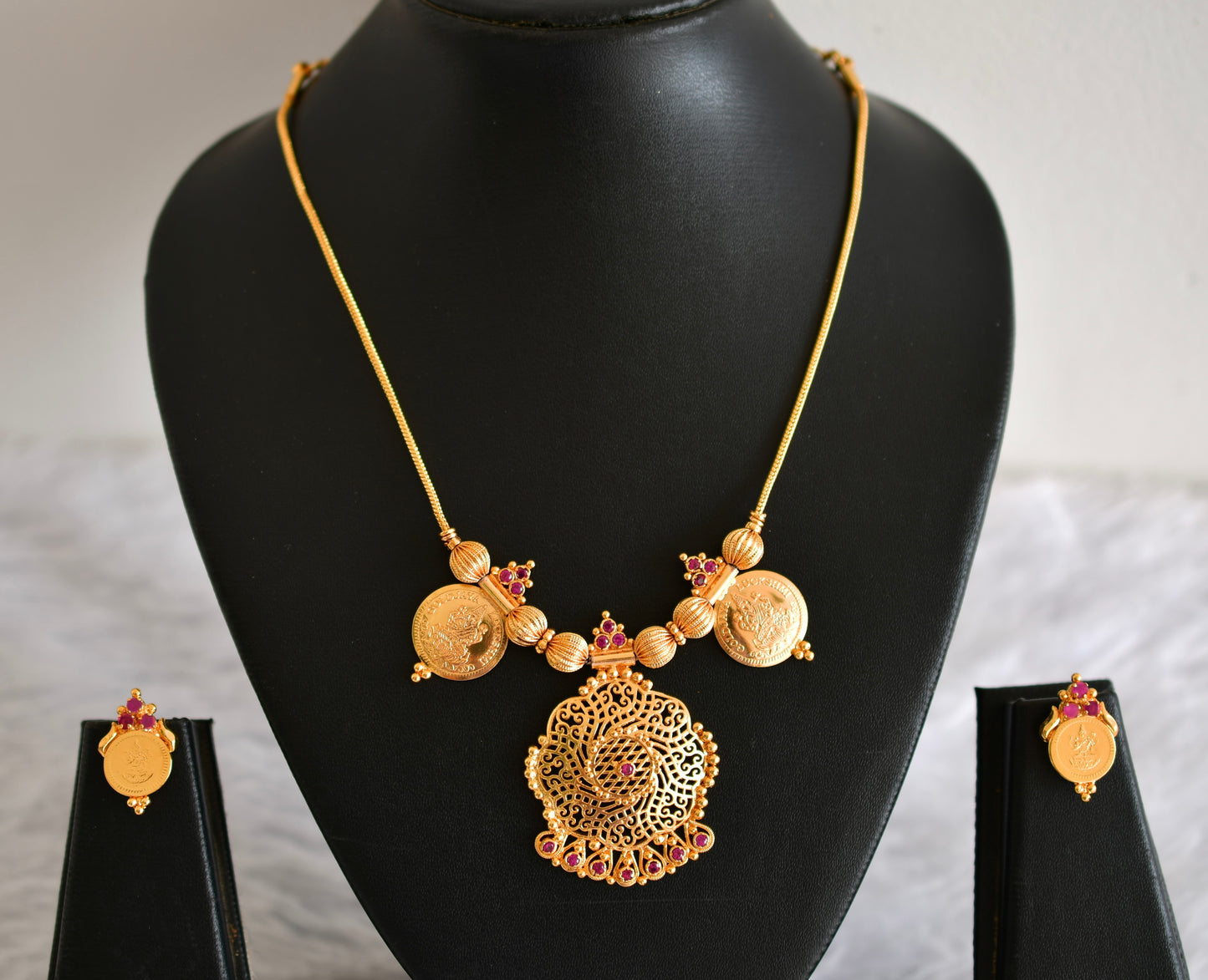 Gold tone kerala style ruby lakshmi coin necklace set dj-52685
