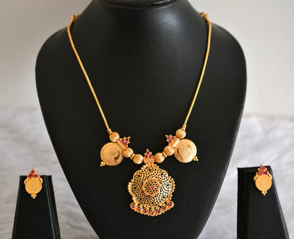 Gold tone kerala style ruby lakshmi coin necklace set dj-52685