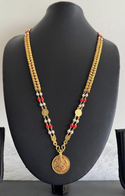 Gold tone coral-pearl lakshmi coin double layer 24 inches chain dj-46621